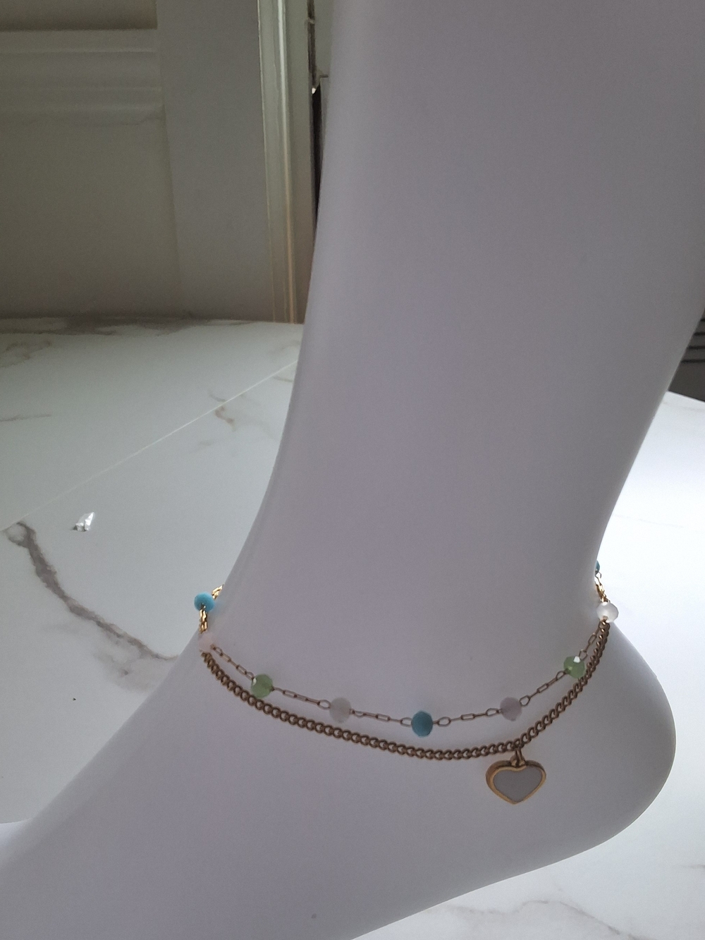 Gold Layered Anklet with Blue, Green and White Beads and Heart Charm
